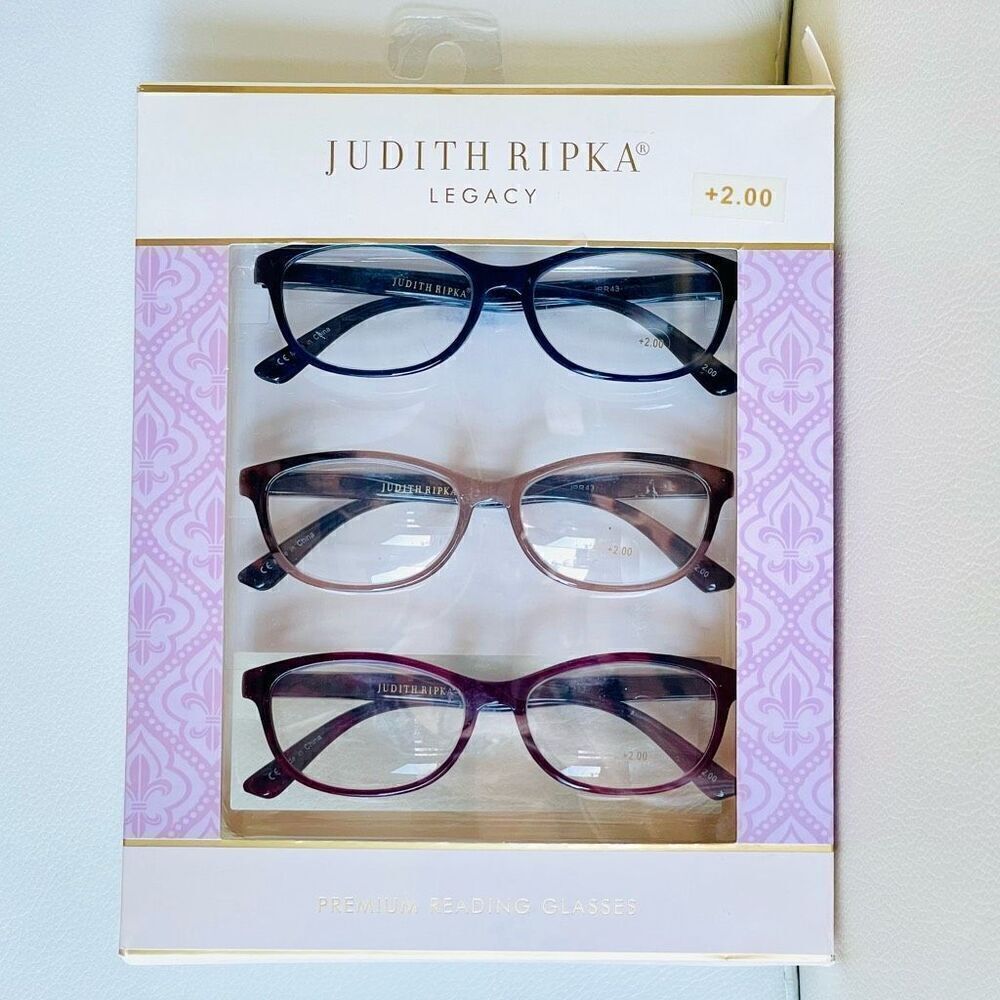 NWT 3 Pack 2.00 Judith Ripka Premium Eye Reading Glasses Black, Tan, Burgundy